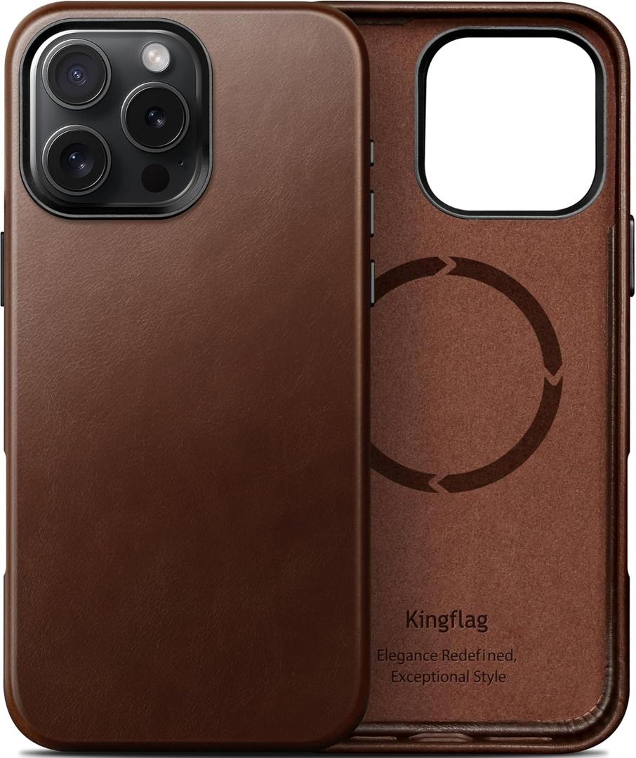 Genuine Leather Case for iPhone 16 Pro Max 6.9 inch, Compatible with MagSafe, Oil Wax Top-Grain Leather, Metal Buttons and Camera Bezel Rustic Brown