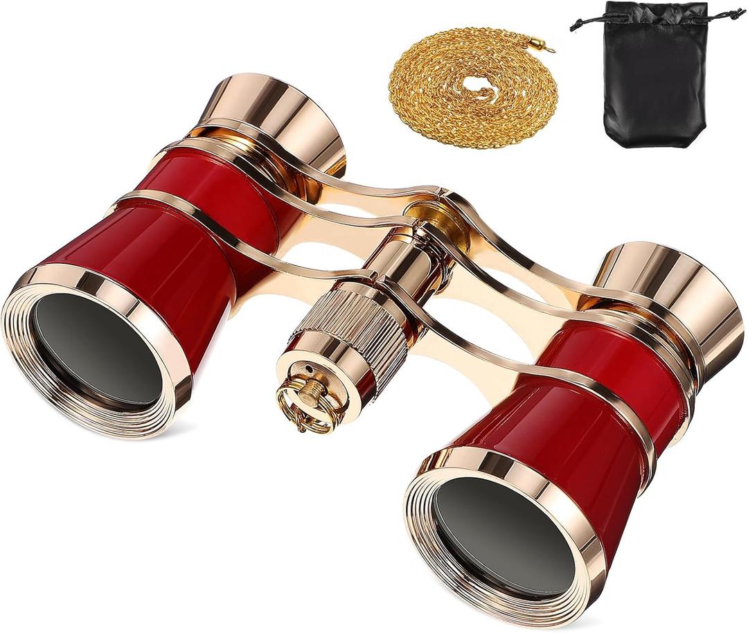 Opera Glasses Binoculars 3 X 25, Mini Binocular Compact Lightweight, Theater Glasses with Chain for Adults Kids Women Theater Opera (Red with Chain)
