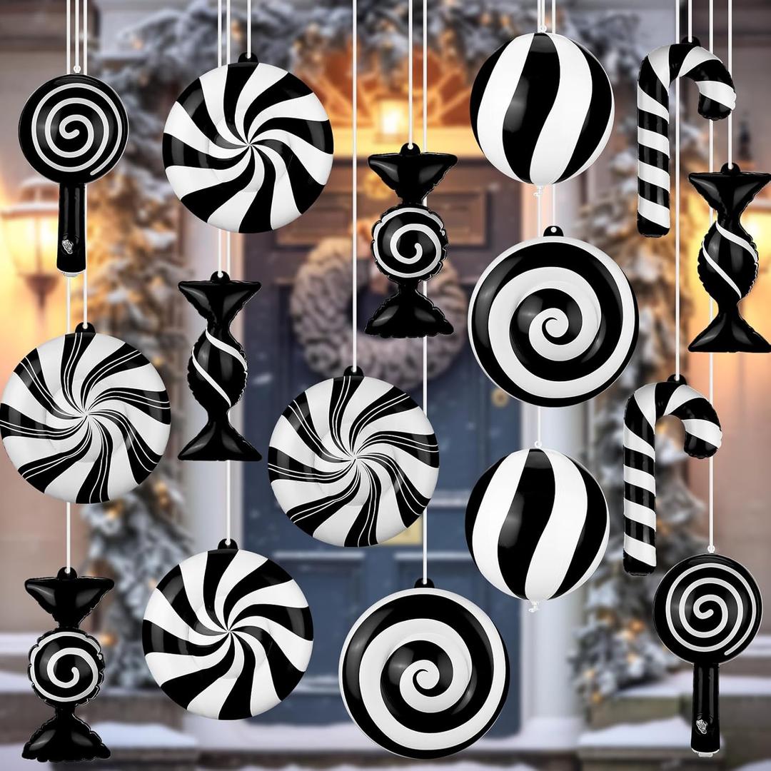 Jetec 16 Pcs Christmas Inflatable Ornament Decoration 9 Inch Hanging Candy Pickle Gingerbread Outdoor Decor Blow up Christmas PVC Balls for Xmas Party Decor(Black and White)