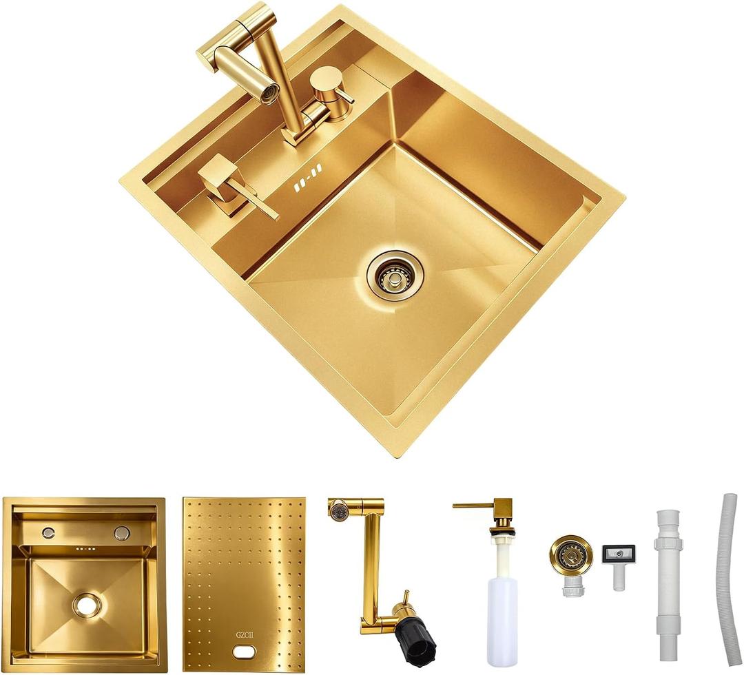 Gold Bar Sink, Single Bowl RV Kitchen Sink with Foldable Faucet | Portable 17.32 x 12.59 x 7.87 Inch Nano-Gold Stainless Steel Sink Kit with Soap Dispenser for Camper, Outdoor Bar, 17.3214.177.87 Inch