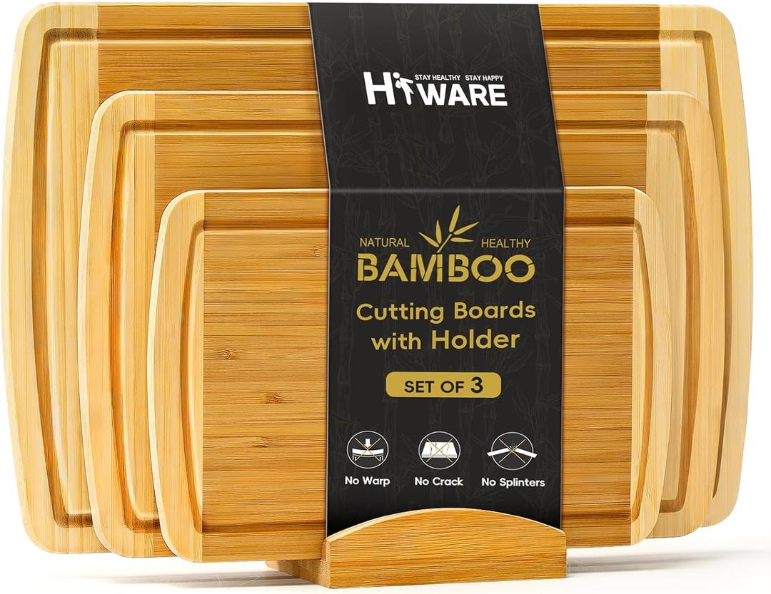 Hiware Extra Large Bamboo Cutting Board with Holder, Durable Wood Cutting Board for Kitchen with Juice Grooves & Built-in Handles, Heavy Duty Chopping Board for Meat, Vegetables - Two Tone, Set of 3