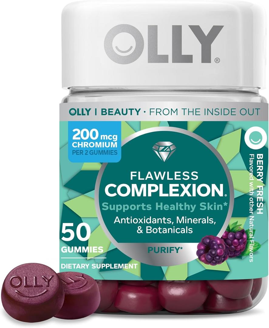 OLLY Flawless Complexion Gummy, Clear and Healthy Skin Support, Vitamins E, A, Zinc, Chewable Supplement, Berry - 50 Count (Pack of 1) Best By: 03/2026