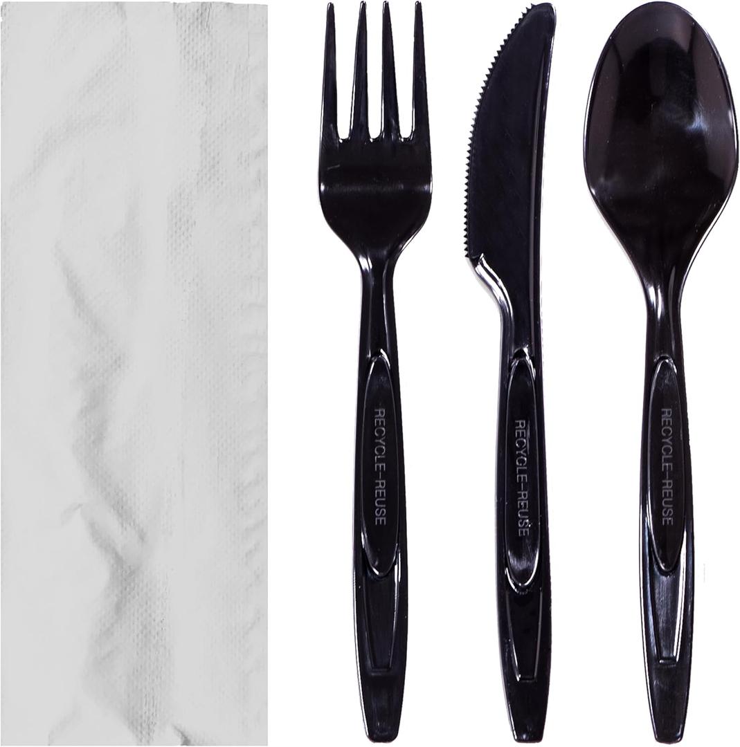 50 Heavy Weight Disposable Plastic Cutlery Sets | Packets - Knife Fork Spoon Napkin | Made from Recycled Plastics and 100% Recyclable, Eco-Friendly To Go Silverware, Utensils
