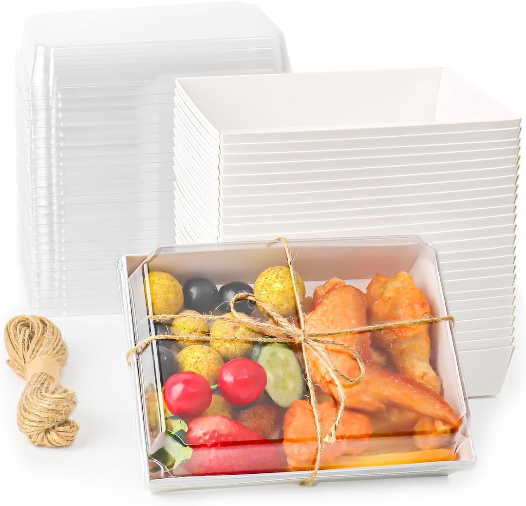 7x5 Inches Charcuterie Boxes with Clear Lids, 80 Pack Disposable Take Out Food Containers, Large Paper Bakery Cake Boxes for Strawberries, Cookies Cupcakes (White)
