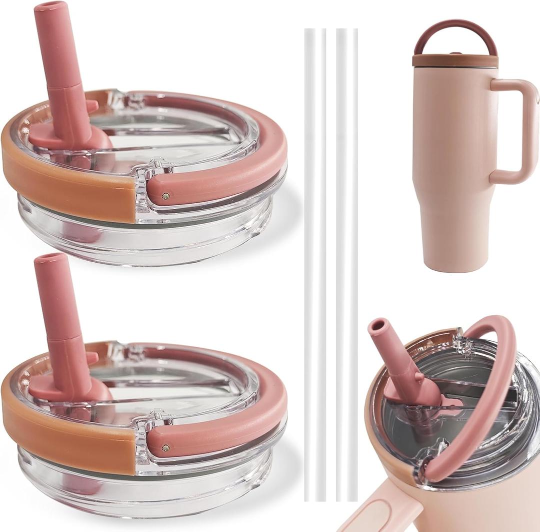 2 Pack 40 oz Tumbler Flip Straw Lid Replacement fit for Stanley Quencher, Leak-Proof Splash Resistant Tumbler Lids with Handle,Reusable Tumbler Cover for Stanley Cup (Light Pink)