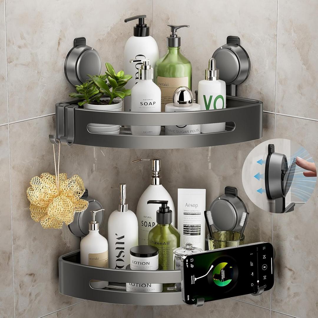 Corner Shower Caddy Suction Cup,Shower Shelves with Hooks,No Drilling Powerful Upgrade Suction Bathroom Corner Organizers and Storage,Removable Waterproof Rustproof Shower Shelf Bathroom Decor