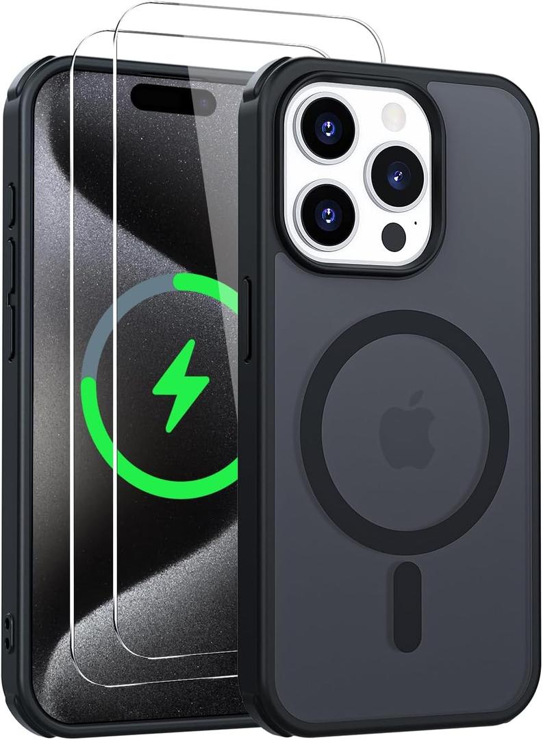 Magnetic for iPhone 15 Pro Case [Compatible with MagSafe] with 2X Screen Protector, Military-Grade Slim Shockproof Phone Cover Translucent Matte Anti-Fingerprint for iPhone 15 Pro 6.1'', Black