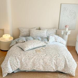 EAVD Garden Botanical Floral Duvet Cover Queen Soft Cotton Chic Shabby Floral Leaves Pattern Bedding Set with 2 Pillowcases Fresh Cute Botanical Comforter Cover with Zipper Closure (Queen(90" x 90"))