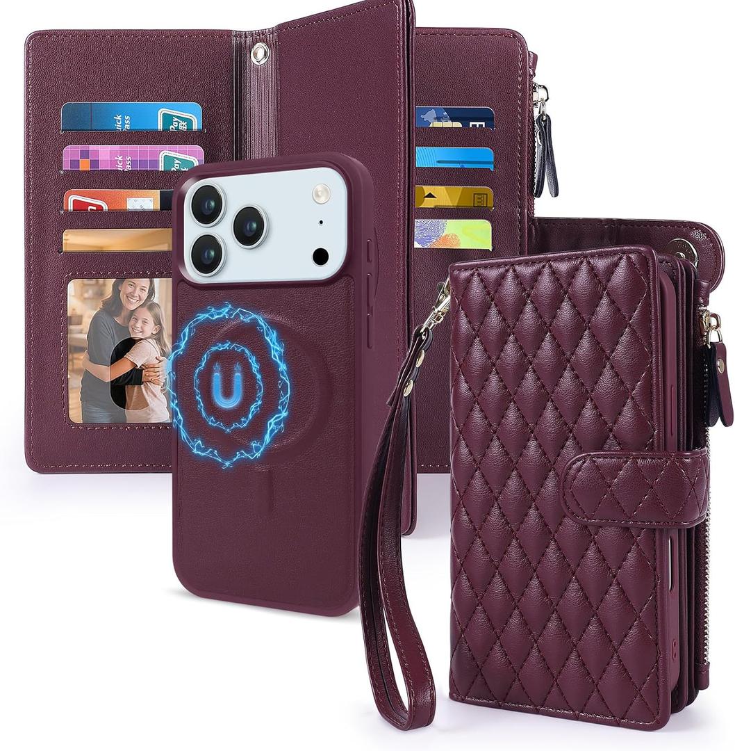 Harryshell 2 in 1 for iPhone 17 Air Wallet Case Magnetic Compatible with Magsafe RFID Blocking Card Holder Detachable Phone Cover Zipper Purse Kickstand Wrist Strap for Men Women Quilted Burgundy