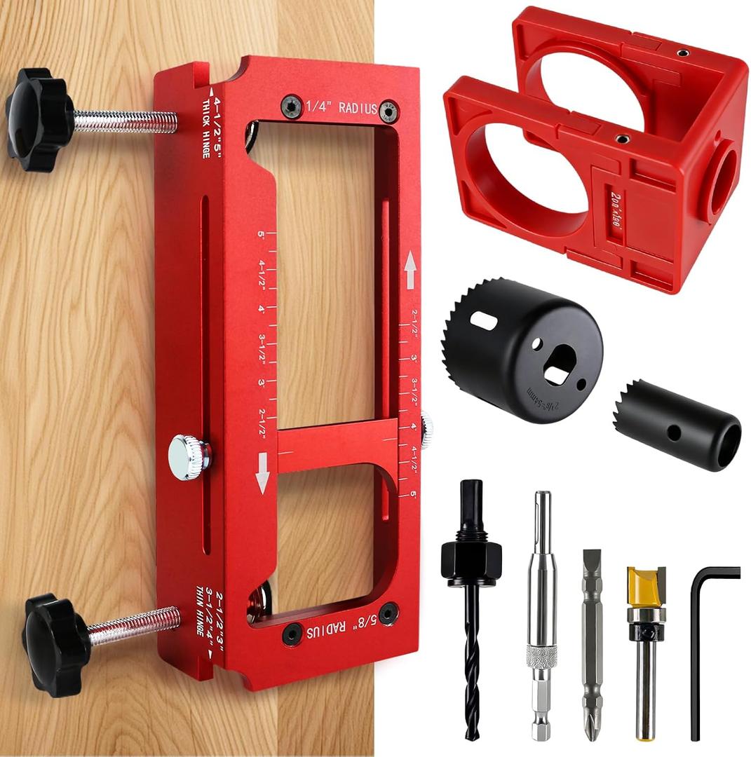 2-in-1 Door Hinge Jig and Lock Installation Kit, Upgraded Aluminum Alloy Router Template for Hinge Mortising 2.5" to 5", Door Hole Drilling Tool for Knob/Deadbolt, 1/4" 5/8" R, Square Corner Hinges