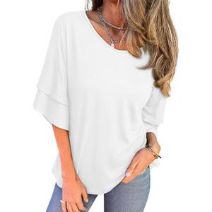 REORIA Shirts for Women's 2026 Ruffle Short Sleeve T Shirts Casual V Neck Cute Tops Fashion Blouse Clothes (White, S)