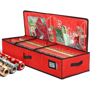HOLDN STORAGE Premium Wrapping Paper Storage Container - Durable 600D Tear-Proof, Fits 27 Rolls Gift Wrap, Extra Pockets for Ribbons & Bows, Underbed Storage - Ideal for Holiday Christmas, Red
