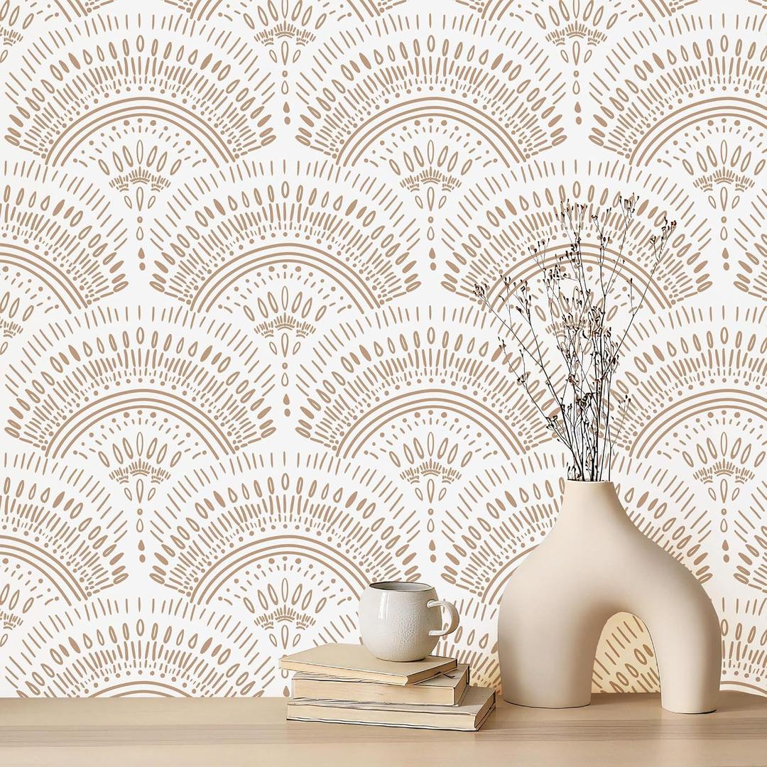 Heroad Peel and Stick Wallpaper White and Orange Brown Contact Paper Geometric Removable Wall Paper for Nursery Room Bedroom Bathroom Cabinets Vinyl Roll Self-Adhesive Waterproof 16.1" x 393"