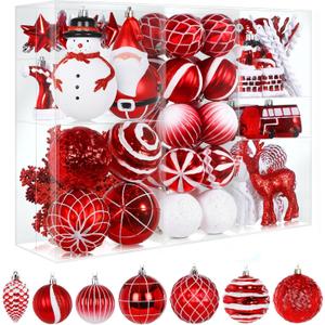 Alupssuc 100 Pcs Christmas Ball Ornaments Set, Santa Claus and Snowman Christmas Decoration Baubles for Indoor Outdoor Holiday Wedding Party Decoration Tree with Hanging Rope, Red & White