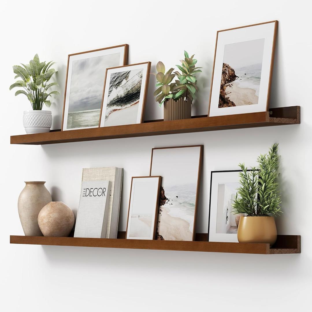 FLYJOE Picture Ledge Shelf, Floating Shelves Set of 2, Solid Pine Wood 55'' Long Large Nursery Book Shelves for Toys Storage, Kids Bookshelf for Living Room Bedroom Decor Books Photo Frames, Walnut