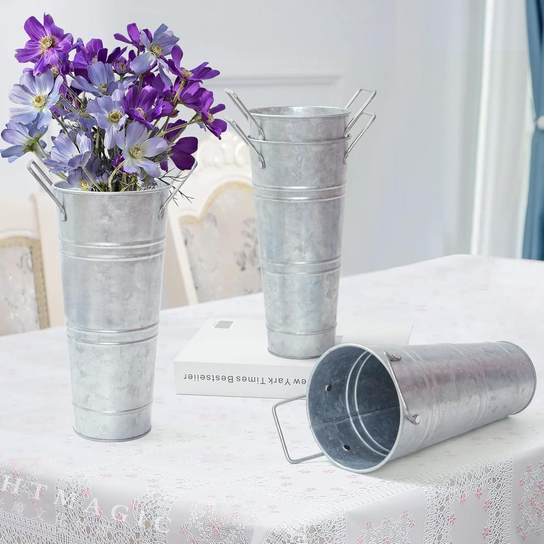 Metal Vases Farmhouse French Flower Bucket Vases for Cut Flowers for Home Decor and Wedding Table Centerpiece Decorations (Silver Set of 8) 4 Small and 4 Big, Big: 12×8 in, Small: 9×4.5 in