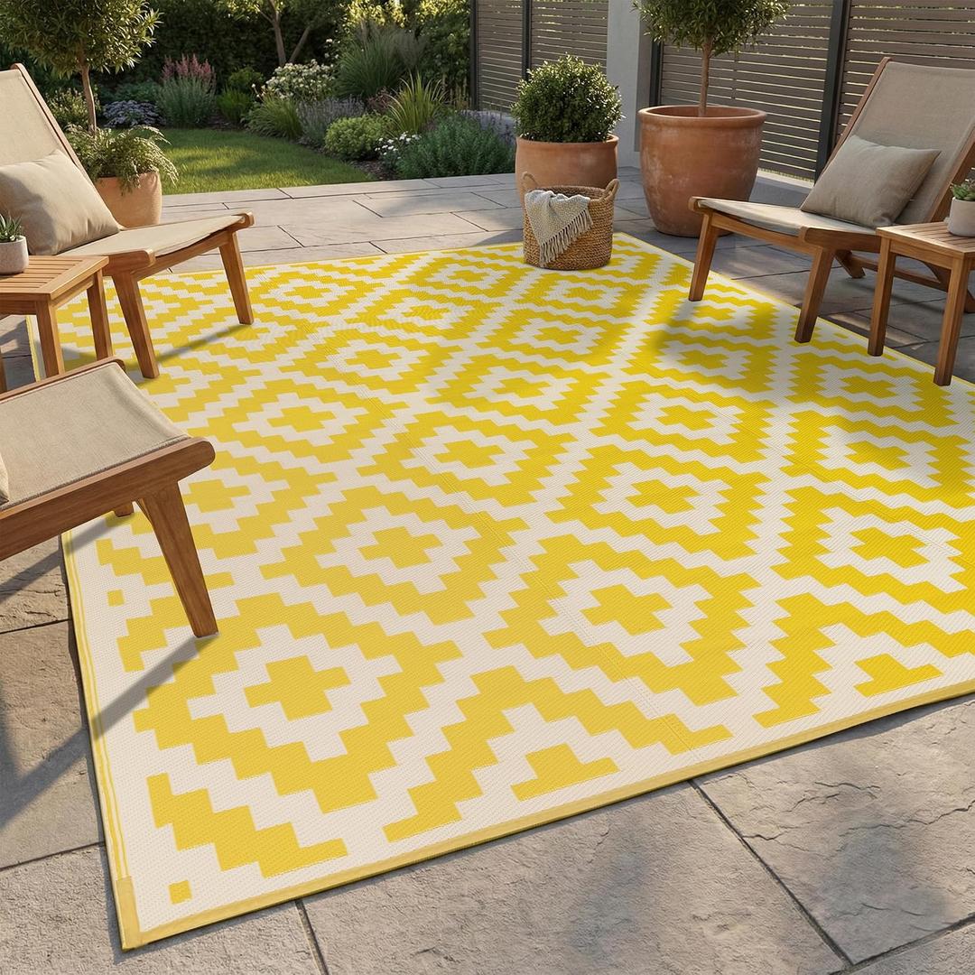 FH Home Outdoor Camping Rug - Waterproof, Fade Resistant, Reversible - Premium Recycled Plastic - Geometric - Large Patio, Deck, Sunroom, RV - Aztec - Yellow & White - 9 x 12 ft Foldable