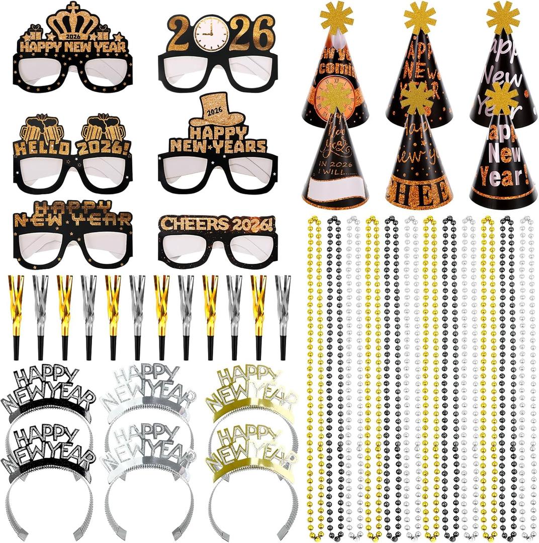 2026 New Years Eve Party Supplies Includes New Year Paper Cone Hats, Tiaras, Eyeglasses, Squawkers Necklaces Noise Makers Accessories for New Years Eve Party Decorations Photo Props Supplies