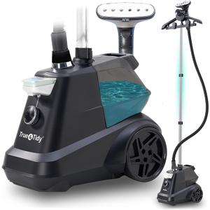 True & Tidy® Heavy-Duty Commercial Industrial Standing Garment Steamer for Clothes, 1800 watts, XL 3L water tank 90+ mins of Steam 3 Steam Settings, Step On/Off Control, Wheels for Easy Movement