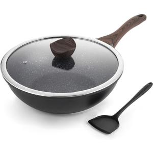 Nonstick Wok with Lid, 12 Inch Woks & Stir-fry Pans, Granite Stone Coating for Cooking, Induction Cookware, Compatible with All Stovetops, PFOA Free (Black)