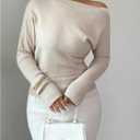 WDIRARA Women's Asymmetrical Neck Sweater Long Sleeve Pullover Knit Tops (Beige, M)