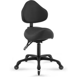 Pneumatic Swivel Rolling Saddle Chair with Wheels and Ergonomic Back Support for Hair Stylist, Dental Hygienist, Hygienic Clinic, Spa, Massage, Home, Office - 510 KOA (Black, Standard)