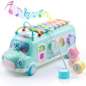 Baby School Bus Xylophone Toy for Toddlers 1-3, 5-in-1 Montessori Musical Bus Toys Gifts for 1 Year Old Baby Girl, Shape Sort Toys Knocking Xylophone Educational Instruments Birthday Gift Boy Girl