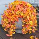 2 PCS Artificial Faux Fall Hanging Flowers Plants for Outdoor Decor,Fake Silk Morning Glory with Eucalyptus UV Resistant Mums for Wall Home Porch Patio Balcony Yard Indoor Decor (Fall Orange+Yellow)