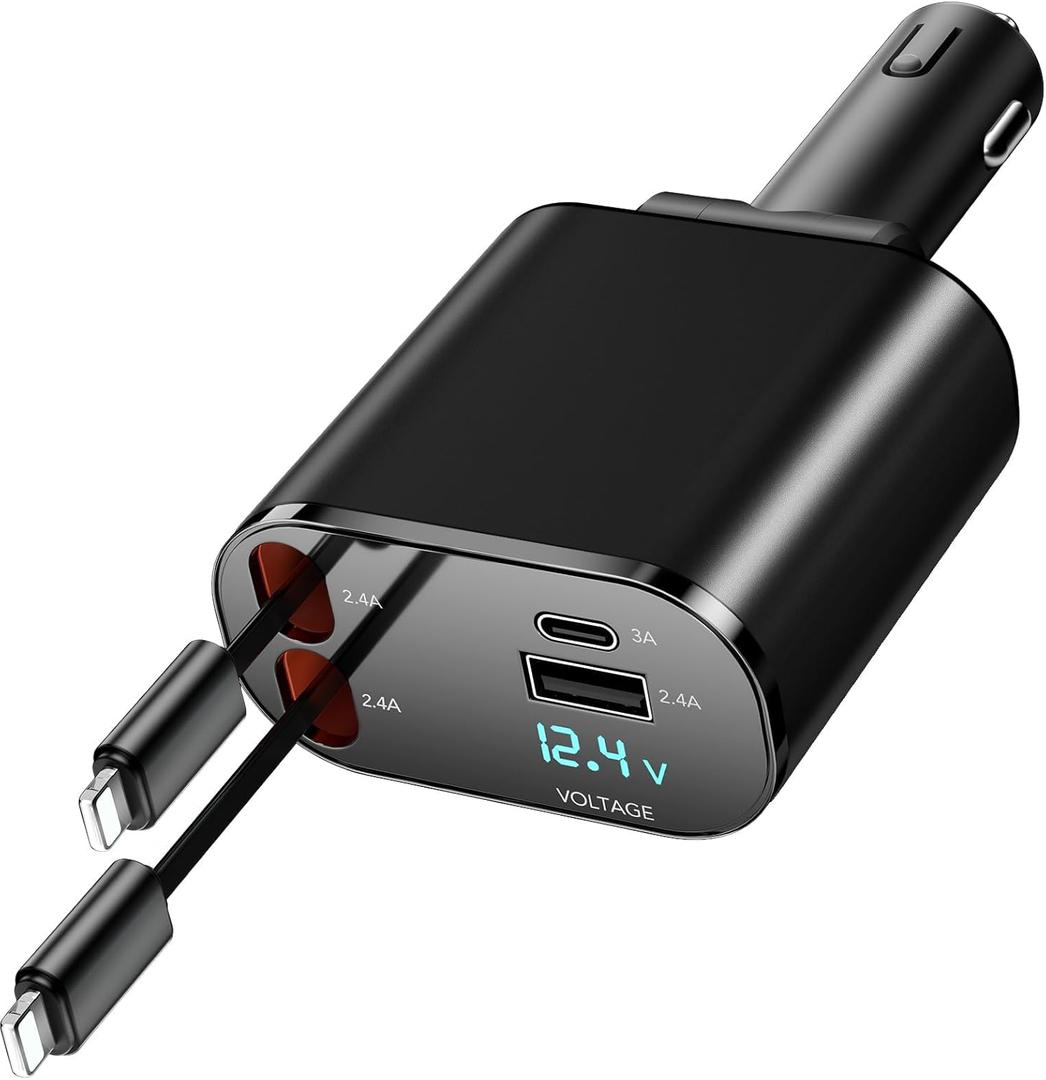 60W Fast Charging Car Charger for iPhone, 4-in-1 Retractable Phone Charger, Travel Essentials, Gifts for Women Men, Car Accessories for Women Men, for iPhone 14 13