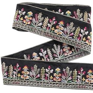 CABODYALS 2.5 Inch Black Embroidered Ribbon Trim Tape Floral Jacquard Ribbons Flower Embroidery Ethnic Boho Woven Fabric Applique for Sewing Making Crafts Clothes Home Decor DIY Embellishment Supply