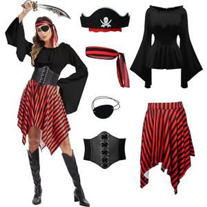 Womens Pirate Costume Renaissance Shirt Dress with Head Scarf Waist Belt Medieval Costume Accessory Sets, XL