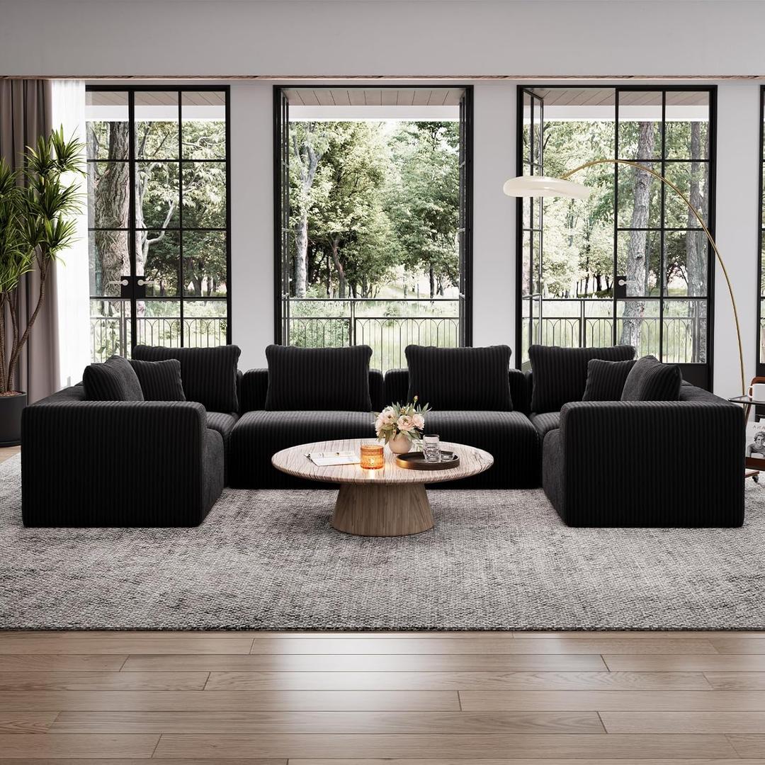 Avenco 141 6-Seat Modular Sectional Sofa Couch, Individually Wrapped Coil Support & Corduroy Fabric, Zero Assembly 6-Piece Set for Large Living Room, Black