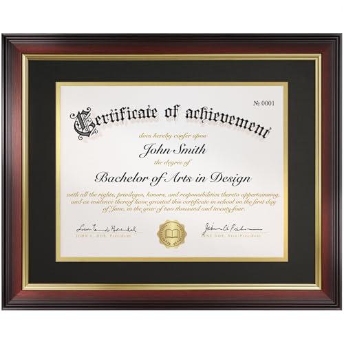 FrameMind 8.5x11 Diploma Frame with Black over Gold Acid-free Mat or Display 11x14 Document without Mat, Certificate Frame with Tempered Glass, Tabletop or Wall Mount (1 Pack, Mahogany/Black)