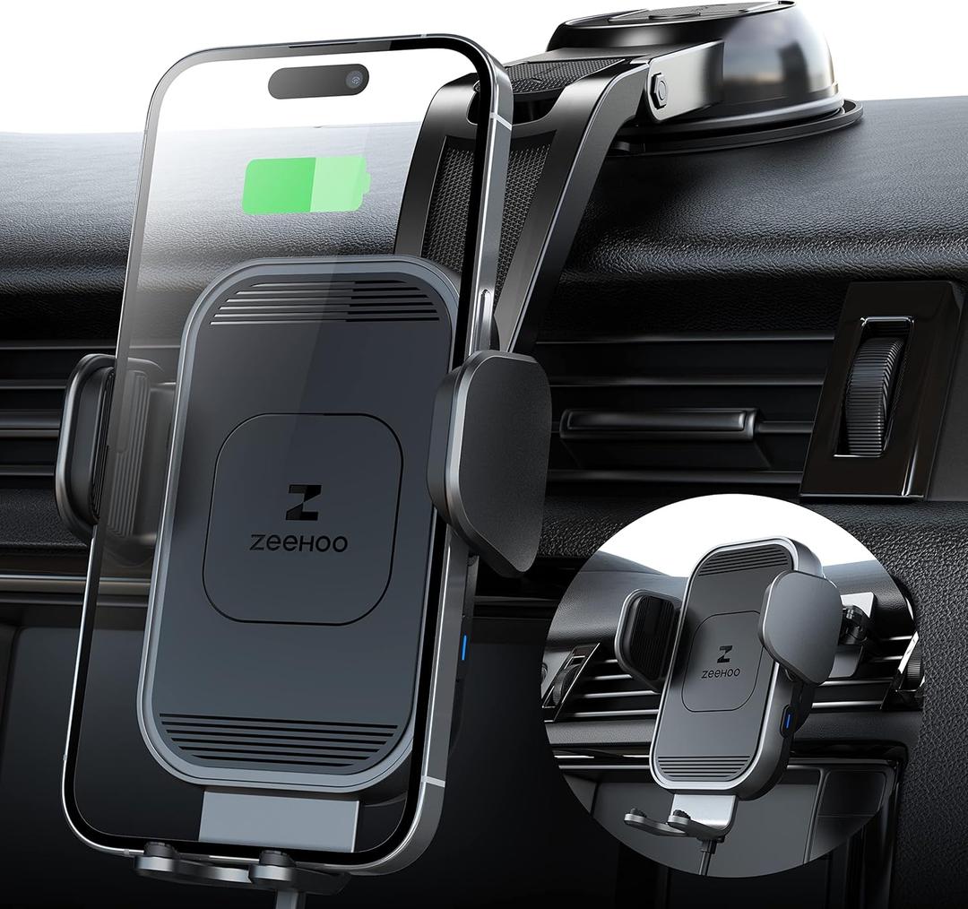 ZEEHOO Wireless Car Charger, 15w Fast Charging, Auto Clamping Car Phone Mount, Cell Phone Holder Charger, for iPhone 15 14 13 12 11 Pro Max Xs, Samsung Galaxy S23+ S22, Etc.(Grey)