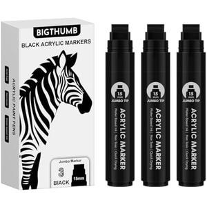 BIGTHUMB 3 Pcs Black Jumbo Permanent Markers: 15mm Wide Tip Thick Acrylic Paint Pen Large Calligraphy Marker for Rock Painting, Poster, Sign, Canvas, Glass, Wood, Ceramic