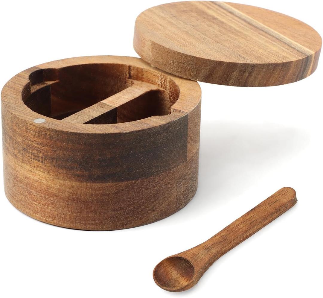 Wood Salt and Pepper Bowl, AcaciaWood Salt Cellar with Built-in Spoon and Magnetic Swivel Lid, Container Holder to Storage Pepper Spice, L
