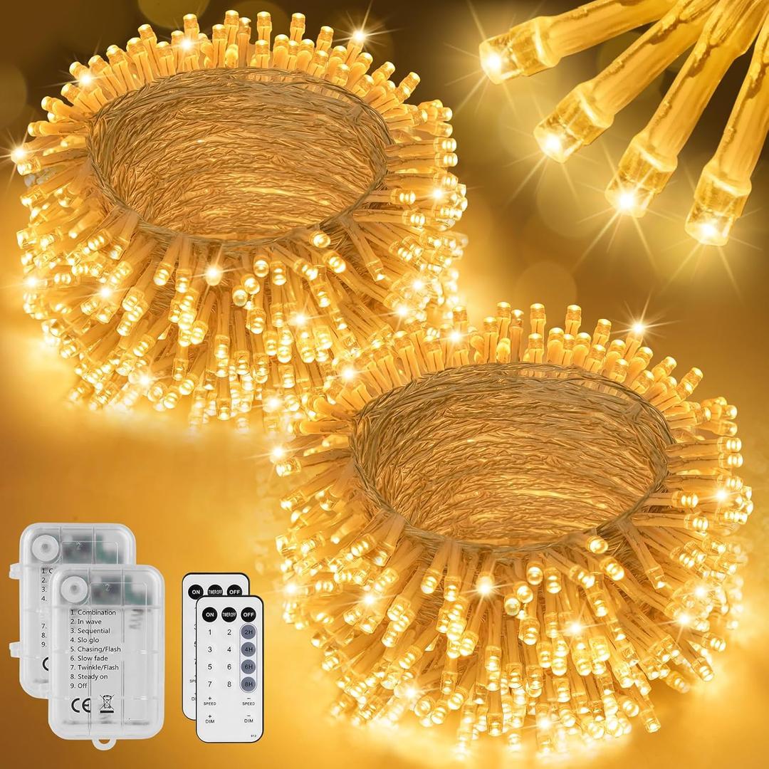 2 Pack 16.5Ft 100 LED Fairy Lights Battery Powered, Outdoor Waterproof Warm White String Lights with Remote, Dimmable Twinkle Lights for Bedroom Wedding Party Christmas Decoration