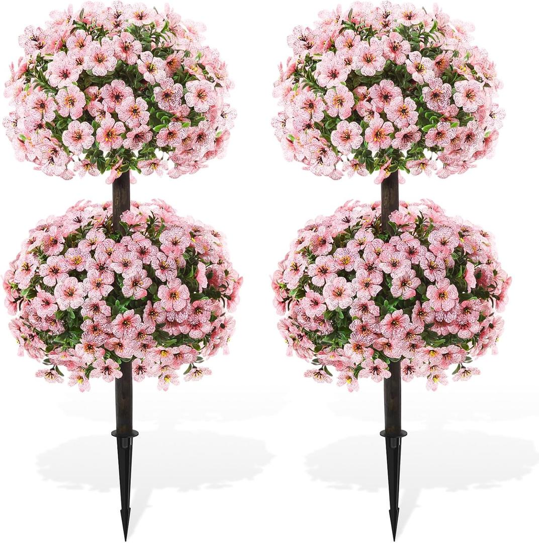 Daifunli 28 Inch Set of 2 Artificial Flowers Topiary Tree Double Ball Boxwood with Spikes for Outdoor UV Resistant Faux Shrubs, Realistic Fake Bushes for Garden Front Porch Patio Decor (Pink)