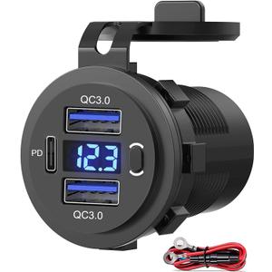 Dual USB Quick Charge 3.0 Port & PD USB C Car Charger Socket, 12V USB Outlet with Voltmeter and Power Switch for Car Boat Marine Truck