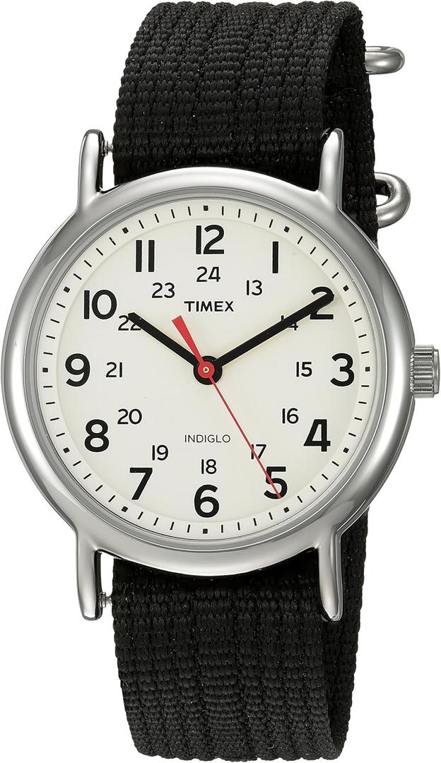 Timex Weekender 38mm Unisex Analog Watch | INDIGLO Backlight | Adjustable Durable Nylon Fabric Slip Through Strap | 24 Hour Time (Black/Silver-Tone/Cream)