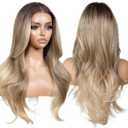 Blonde Wig with Bangs 13x4 HD Lace Front Synthetic Pre Cut Lace Glueless Ombre Wigs for Women Wear and Go Pre Plucked Layered Body Wave Vivid Self Growing Hairline 23 Inch