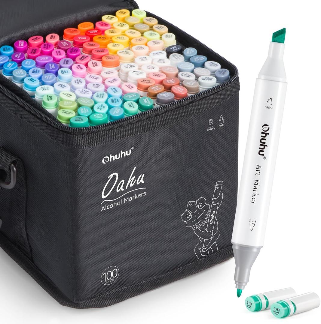Ohuhu Alcohol Markers Double Tipped Art Marker Set for Artists Adults Coloring Sketch Illustration - Chisel & Fine Dual Tips - 100 Colors - Oahu Series of Ohuhu Markers - Refillable Ink