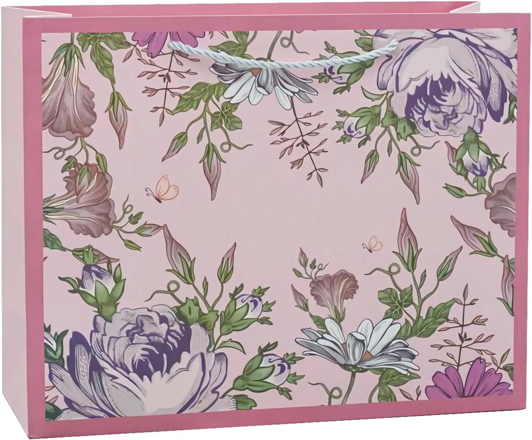 HANSWARE 6 Pack 9.6" Medium Pink Gift Bags with Handles,Vintage Flower Paper Gift Bag for Presents Cute Bags for Valentines,Wedding,Easter,Christmas,Baby Shower,Birthday Party,9.6"L x 3.7"W x 7.7"H
