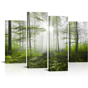 RyounoArt Green Forest Canvas Wall Art Foggy Tree Picture Painting Green Nature Prints for Home Wall Decor Framed Ready to Hang, Large,  Size: 12"x24"x2pcs+12"x32", 2pcs