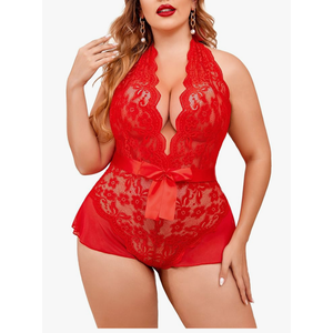Avidlove Plus Size Lingerie for Women Deep V Neck Teddy Lingerie Halter Lace Bodysuit Nightgown 14W