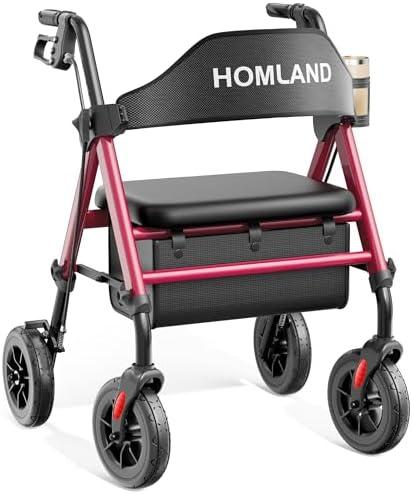 HOMLAND Walkers for Seniors with Seat, Foldable Rollator Walker, Reinforced Aluminum Frame, 8" Big Rubber Wheels for All Terrain, Height Adjustable Lightweight Rolling Walker