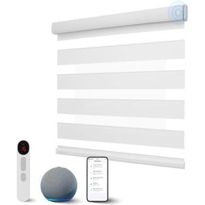 Motorized Zebra Blinds with Remote, Smart Dual Layer Automatic Shades with Privacy Light Control, Cordless Electric Blackout Blind for Indoor Windows, White, 27" W x 72" H