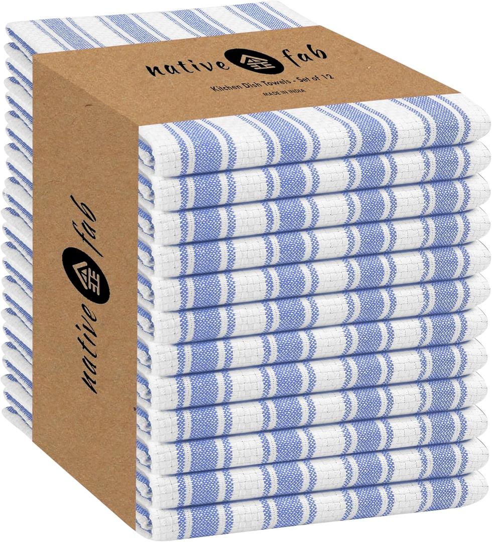 Native Fab Blue Kitchen Dish Towels 16"x26" - Set of 12 - Absorbent Cotton Hand Towels, Restaurant Grade Dish Towels for Quick Drying, Cleaning, Dish Cloths Set with Hanging Loop - Sky Blue