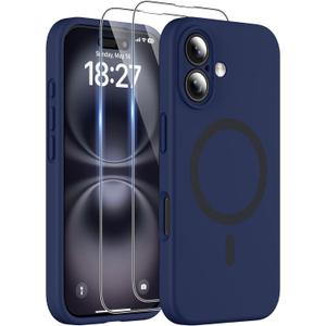 Magnetic for iPhone 16 Case, Compatible with MagSafe, Two 9H Screen Protectors, Full Camera Protection, Military-Grade Protection Silicone Phone Cover for 16 6.1", Dark Blue