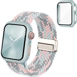 Magnetic Braided Stretchy Bands Compatible for Apple Watch Band and Case, Nylon Elastic Solo Loop with Screen Protector Cover for iWatch Series 10 9 8 7 6 5 4 3 11 SE 2 1 - Blue Gray Pink 40mm